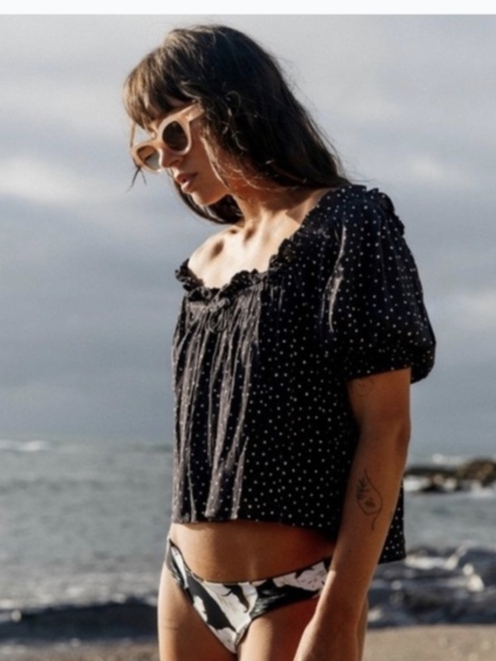 Billabong Sunny Skies Black White Polka Dot Off-Shoulder Puff Sleeve Blouse Top